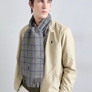 Polo Ralph Lauren Gray Blue Herringbone Plaid Fringed Wool Scarf